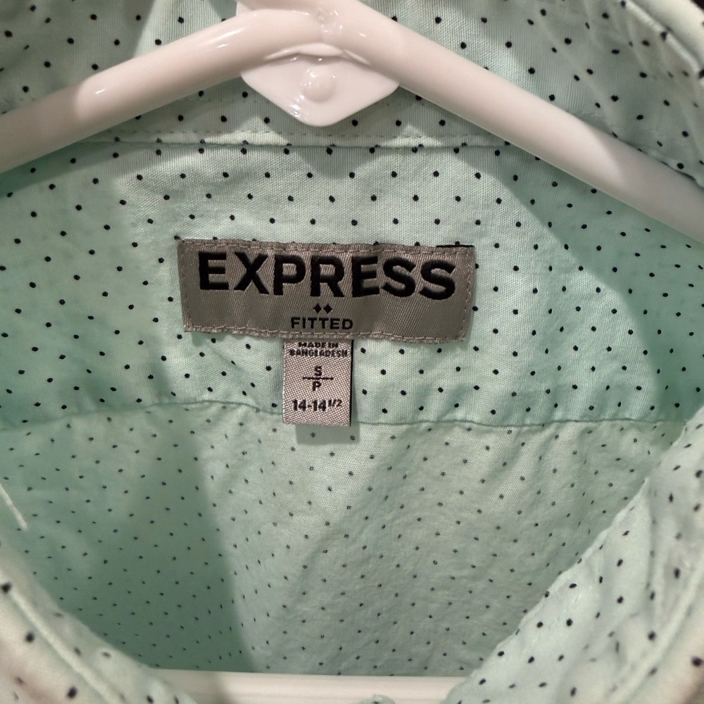 Express Mint Green Polka Dot Dress Shirt Fitted Cut Small 14-14.5
